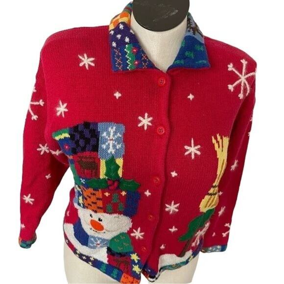 Design Options Phillip Jane Gordon Cardigan Holiday Snowman Patchwork Medium VTG - Picture 5 of 16